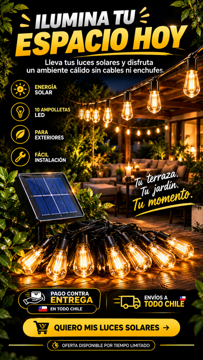 ✨ Guirnalda Solar Decorativa 10M – 10 Ampolletas LED 💡☀️🌿