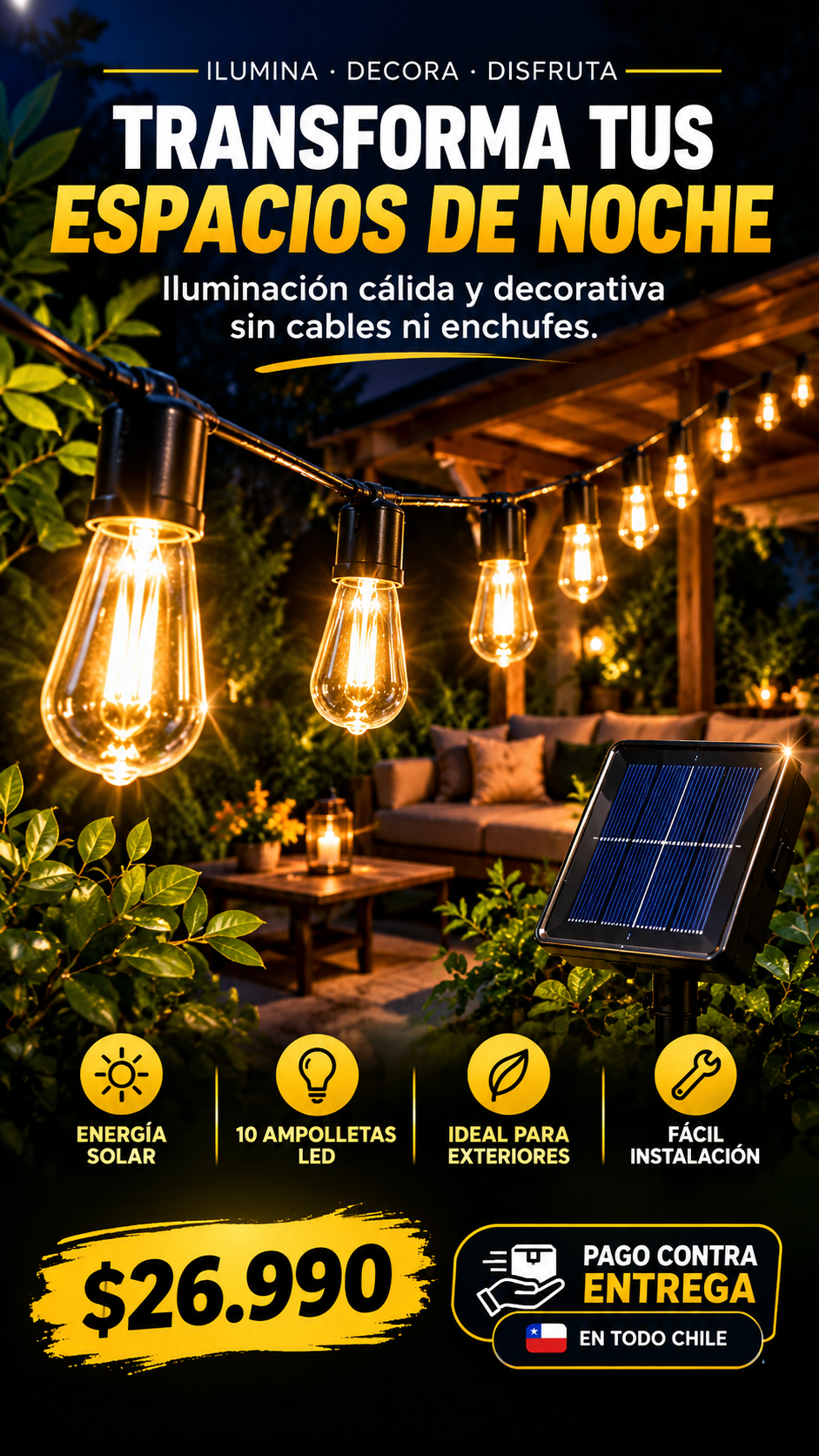 ✨ Guirnalda Solar Decorativa 10M – 10 Ampolletas LED 💡☀️🌿